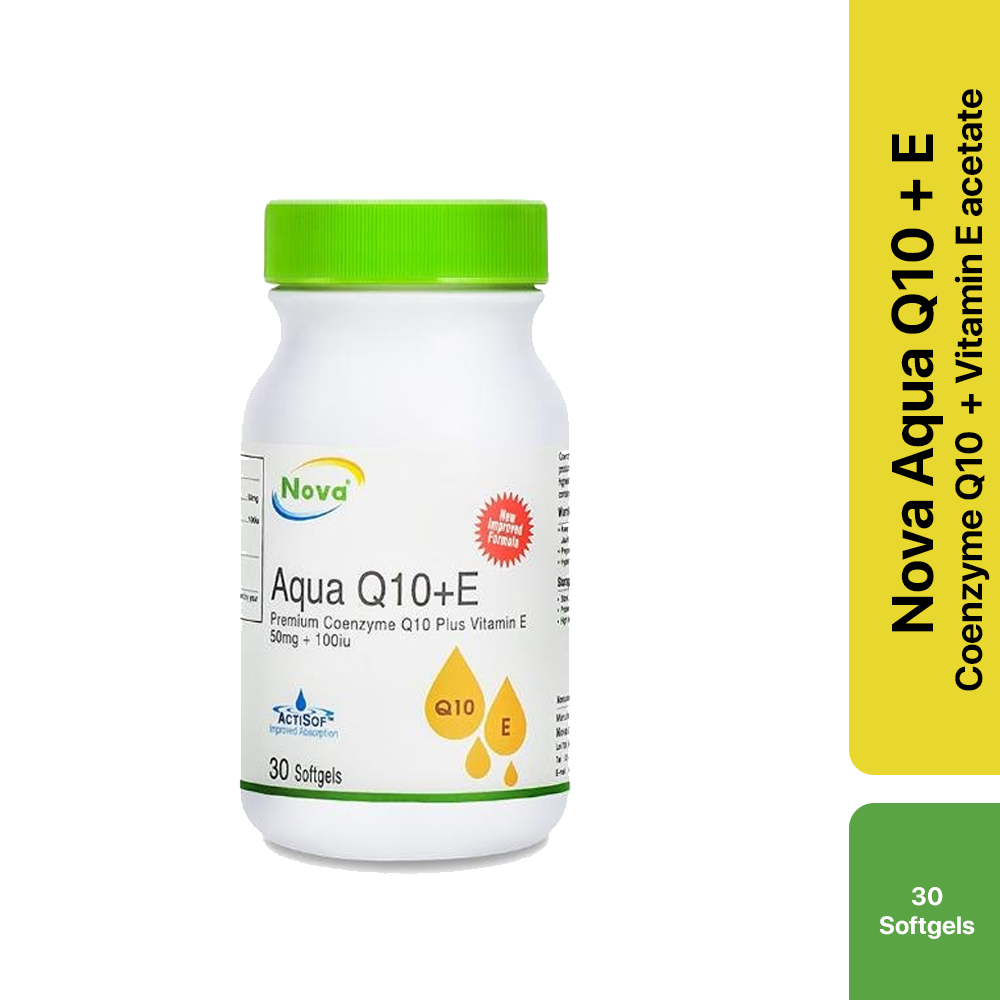 NOVA Aqua Q10+E 30's Softgels (Premium Coenzyme Q10 + Vitamin E 50mg + 100iu & Energy Booster)